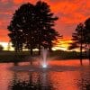 Fountain with illuminated lights at sunset reflecting vibrant colors on the water.