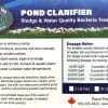Pond Clarifier label detailing sludge and water quality bacteria treatment with dosage rates and benefits.