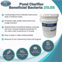 Product information graphic for Pond Clarifier Beneficial Bacteria 25LBS, highlighting benefits and usage instructions.
