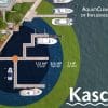Kasco AquatiClear Area of Influence infographic showing reach by horsepower (1/2 HP, 3/4 HP, 1 HP) in a marina setting.
