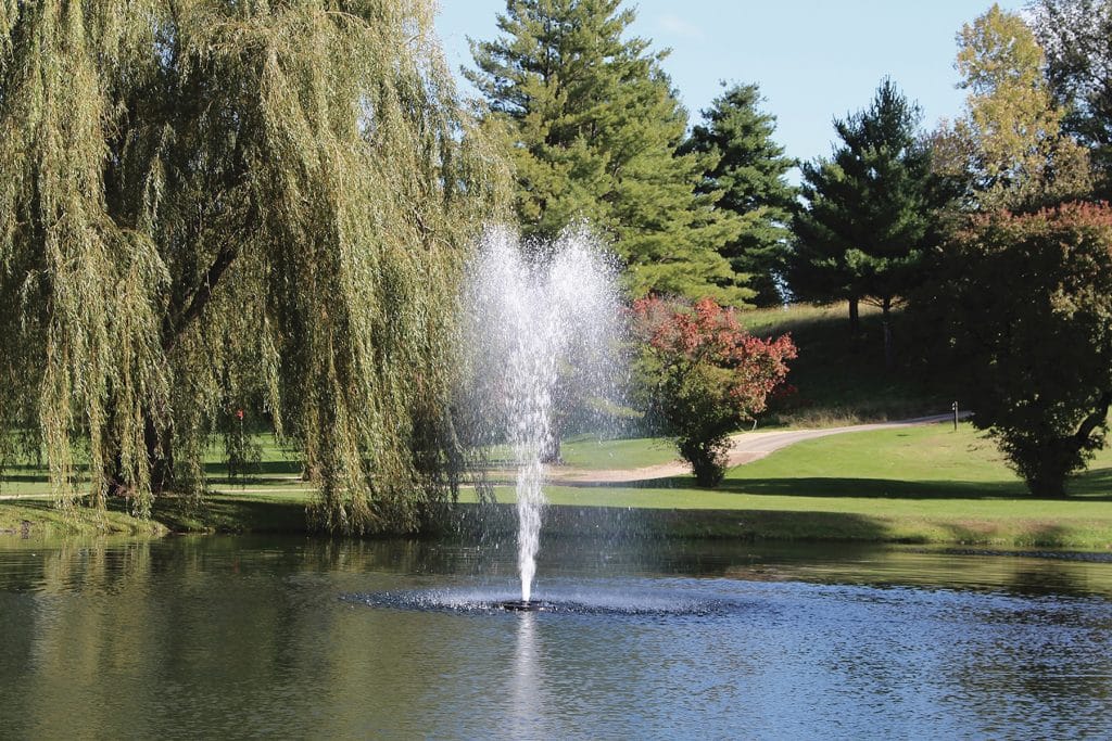 Kasco J Series Decorative Fountain with Sequoia Nozzle in a scenic pond.